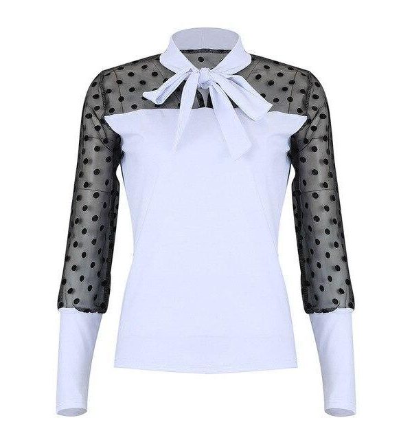 Sexy Long Sleeve Tops and Shirt Fall Clothing Sexy Meshpolka Dot See Through Bow Bandage Long Sleeve Women Blouse - Takalr