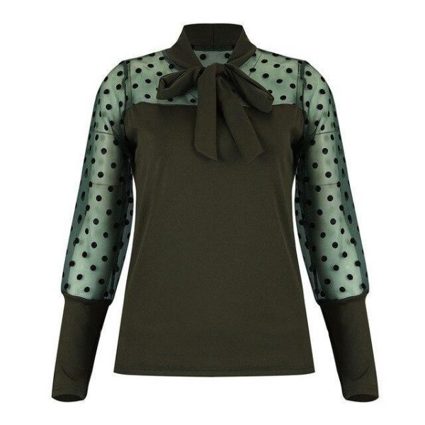 Sexy Long Sleeve Tops and Shirt Fall Clothing Sexy Meshpolka Dot See Through Bow Bandage Long Sleeve Women Blouse - Takalr