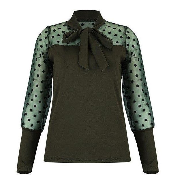 Sexy Long Sleeve Tops and Shirt Fall Clothing Sexy Meshpolka Dot See Through Bow Bandage Long Sleeve Women Blouse - Takalr