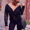 Sexy Long Sleeve Women Shirt Low Cut Solid Color Lace Hollow Out Long Sleeve Women Blouse Sexy Tops and Shirt - Takalr