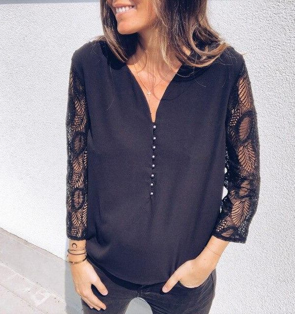 Sexy Low Cut Lace Patchwork Button Black Long Sleeve Women Blouse Sexy Tops Women Tops and Blouse Women Clothing 2019 - Takalr