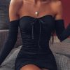 Off Shoulder Black Long Sleeve Dress Strapless Bow Tied Mini Bodycon Dress Summer Party Sexy Women Off Shoulder Dresses - Takalr