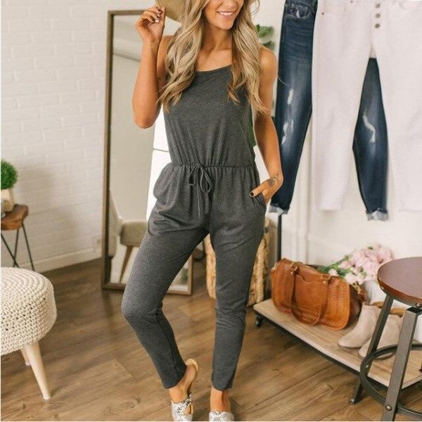 Sexy Off Shoulder Elastic Waist Rompers Women Jumpsuit Black Gray Summer Sleeveless One Piece Outfit Streetwear - Takalr