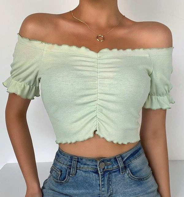 Sexy Off Shoulder Ruffled Slash Neck Short Sleeve Women Crop Tops Sexy Women Short Sleeve Tops Summer Tshirt - Takalr