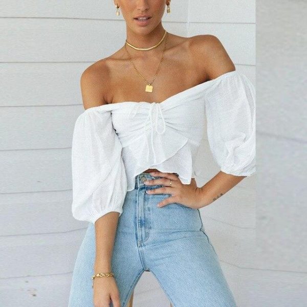 Sexy Off Shoulder Solid Color Slash Neck Low Cut Half Sleeve Women Crop Tops Sexy Women Off Shoulder Women Tshirt - Takalr