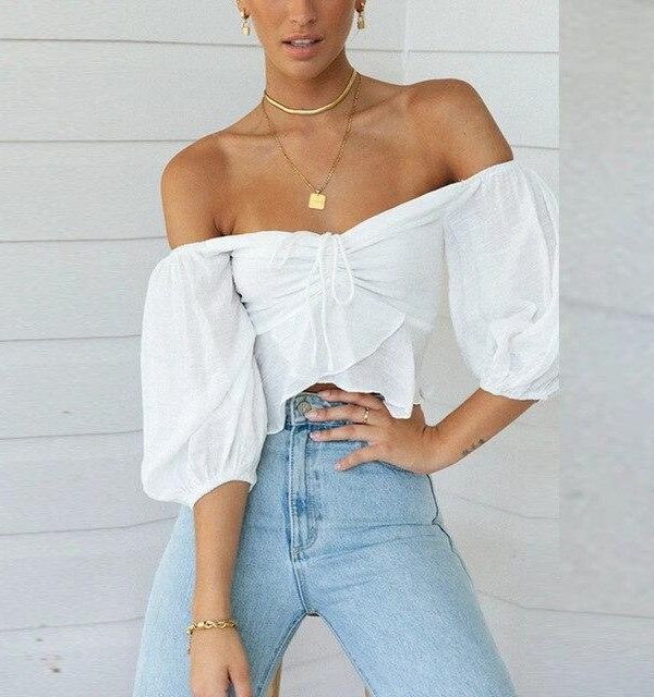 Sexy Off Shoulder Solid Color Slash Neck Low Cut Half Sleeve Women Crop Tops Sexy Women Off Shoulder Women Tshirt - Takalr