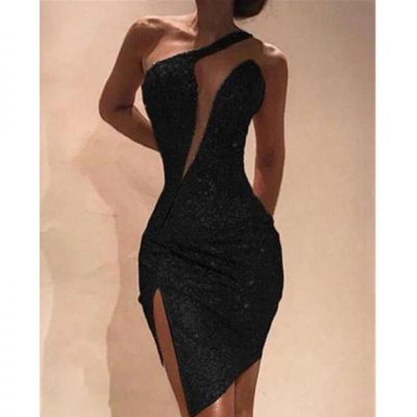 One Shoulder Cut Out Slit Bodycon Sequin Dress Women High Waist Asymmetric Collar Party Evening Dress Vestidos - Takalr