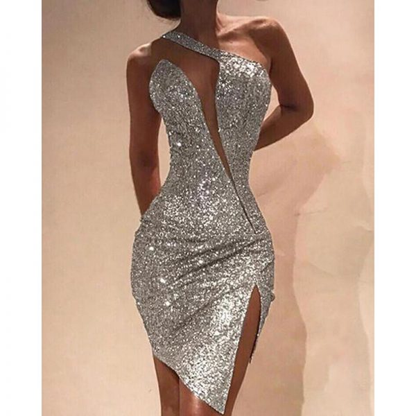 One Shoulder Cut Out Slit Bodycon Sequin Dress Women High Waist Asymmetric Collar Party Evening Dress Vestidos - Takalr