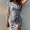 One-shoulder Sheath Solid Dress Women Ruched Hem Slim Long Sleeve Mini Dress Autumn Party Club Dresses - Takalr