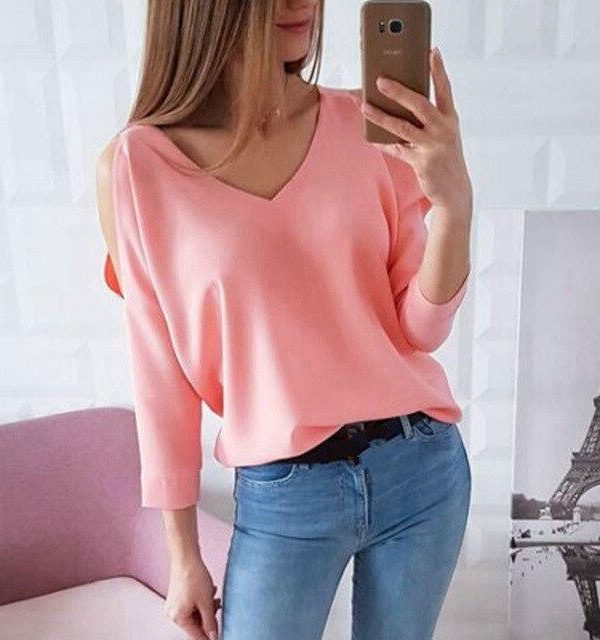 Sexy Pink T Shirt Korean Style Women Clothes Long Sleeve Off Shoulder V Neck Shirts Casual Slim Tshirt Fashion Tops Streetwear - Takalr