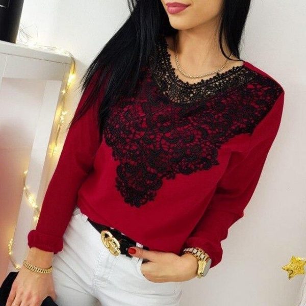 Sexy Red T Shirt Elegant Women Tshirt Clothes Black Lace Patchwork Long Sleeve O Neck Tops Ladies Shirts Casual Loose Streetwear - Takalr