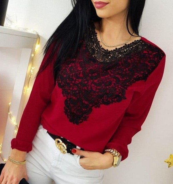 Sexy Red T Shirt Elegant Women Tshirt Clothes Black Lace Patchwork Long Sleeve O Neck Tops Ladies Shirts Casual Loose Streetwear - Takalr