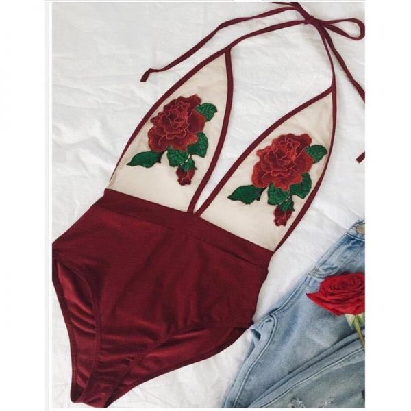 Rose Embroidery Overalls See Through Beach Bodysuits Women stretch Jumpsuit Halter Rompers Summer Swimsuit red wine - Takalr