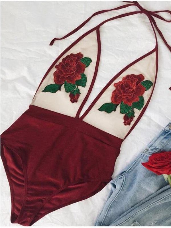 Rose Embroidery Overalls See Through Beach Bodysuits Women stretch Jumpsuit Halter Rompers Summer Swimsuit red wine - Takalr