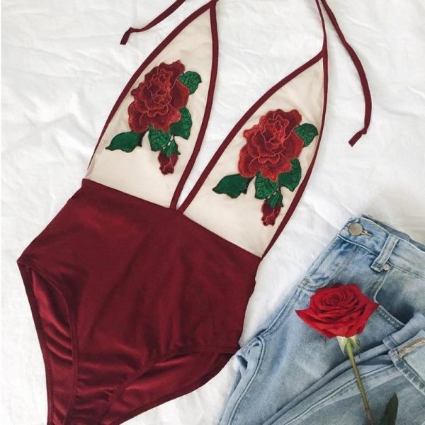 Rose Embroidery Overalls See Through Beach Bodysuits Women stretch Jumpsuit Halter Rompers Summer Swimsuit red wine - Takalr