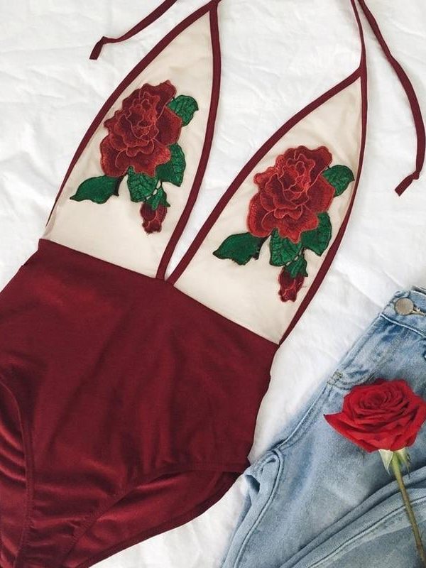 Rose Embroidery Overalls See Through Beach Bodysuits Women stretch Jumpsuit Halter Rompers Summer Swimsuit red wine - Takalr