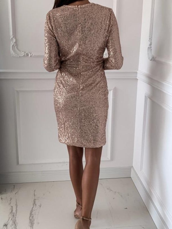 Sequined Asymmetric Mini Dress Women Long Sleeve V-neck Mini Party Dress Sequin Sexy Vestidos - Takalr