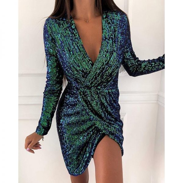 Sequined Asymmetric Mini Dress Women Long Sleeve V-neck Mini Party Dress Sequin Sexy Vestidos - Takalr