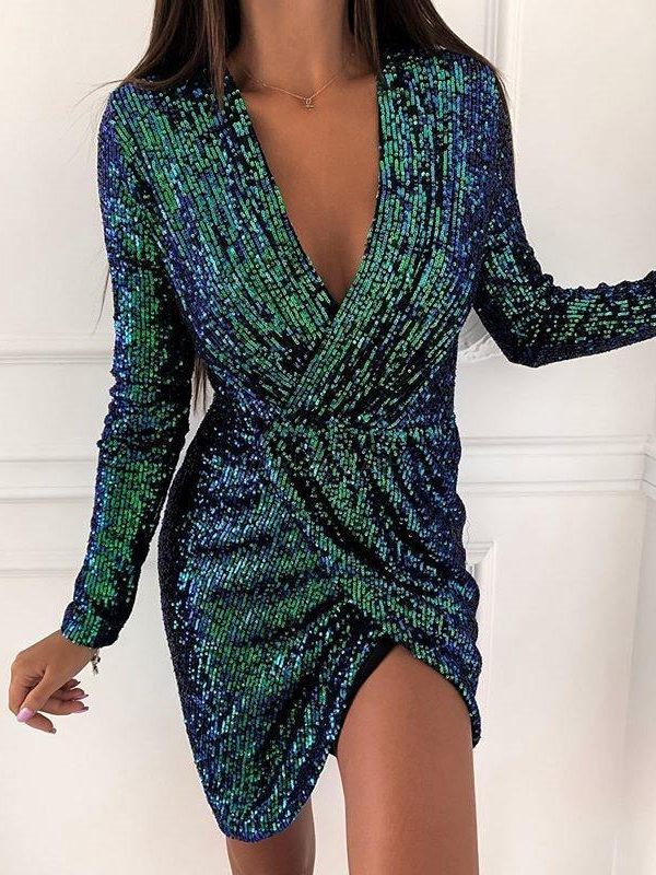 Sequined Asymmetric Mini Dress Women Long Sleeve V-neck Mini Party Dress Sequin Sexy Vestidos - Takalr