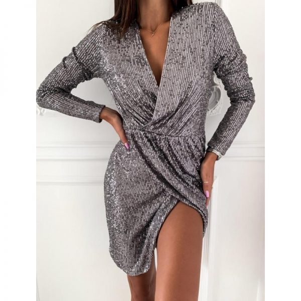 Sequined Asymmetric Mini Dress Women Long Sleeve V-neck Mini Party Dress Sequin Sexy Vestidos - Takalr