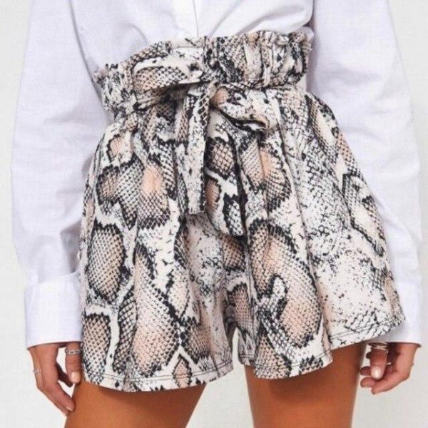 Sexy Snake Skin Print High Waist Lace Up Drawsrting Wide Leg Mini Short Shorts Women Summer Clothes Casual Loose Streetwear - Takalr