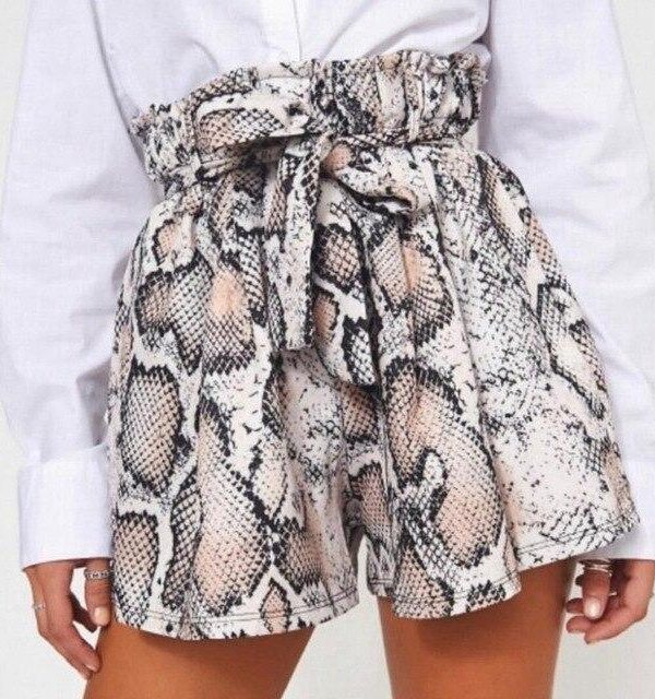 Sexy Snake Skin Print High Waist Lace Up Drawsrting Wide Leg Mini Short Shorts Women Summer Clothes Casual Loose Streetwear - Takalr