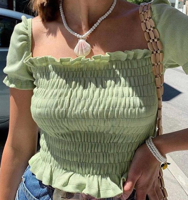 Sexy Solid Color Square Collar Short Sleeve Women Crop Tops Summer Lantern Sleeve Women Blouse Sexy Tops and Shirt - Takalr