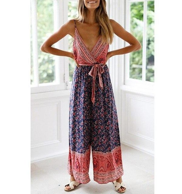 Sexy Spaghetti Strap Red Blue Floral Print Bohemian Rompers Womens Wide Leg Jumpsuit Tunic Bandage Lace Up Overalls Streetwear - Takalr