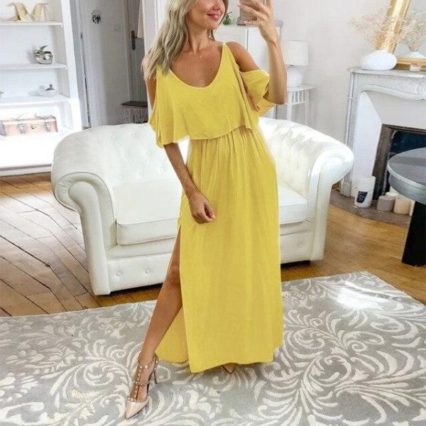 Sexy Summer Clothing Solid Color Ruffled Off Shoulder Short Sleeve Women Dress Summer Dress Beach Wear - Takalr