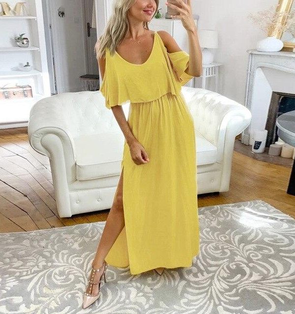 Sexy Summer Clothing Solid Color Ruffled Off Shoulder Short Sleeve Women Dress Summer Dress Beach Wear - Takalr