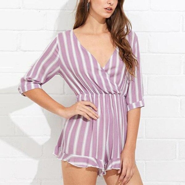 Sexy Summer Striped Print Low Cut Half Sleeve Women Playsuit Casual Women Romper Sexy Women Overalls - Takalr