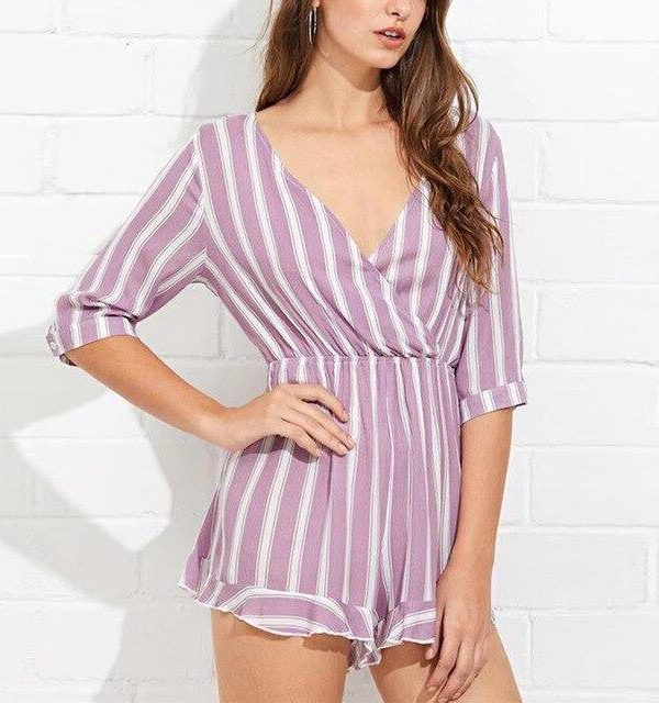 Sexy Summer Striped Print Low Cut Half Sleeve Women Playsuit Casual Women Romper Sexy Women Overalls - Takalr