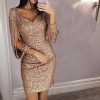 Tassels Detail Sequin Party Dress Women Slit Sleeve Sparkly Bodybon Dress Autumn Long Sleeve V-neck Club Dress Vestido - Takalr