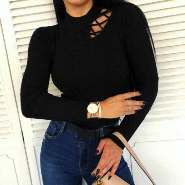 Sexy Tops and Shirt Long Sleeve Bodycon Women Tops Sexy Solid Color Turtleneck Hollow Out Long Sleeve Women Blouse - Takalr