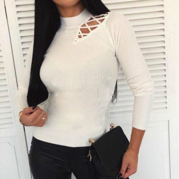 Sexy Tops and Shirt Long Sleeve Bodycon Women Tops Sexy Solid Color Turtleneck Hollow Out Long Sleeve Women Blouse - Takalr