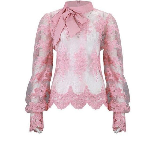 Sexy Tops and Shirt Long Sleeve Women Shirt  Lace Mesh See Through Bow Bandage Puff Sleeve Women Blouse Club Wear - Takalr