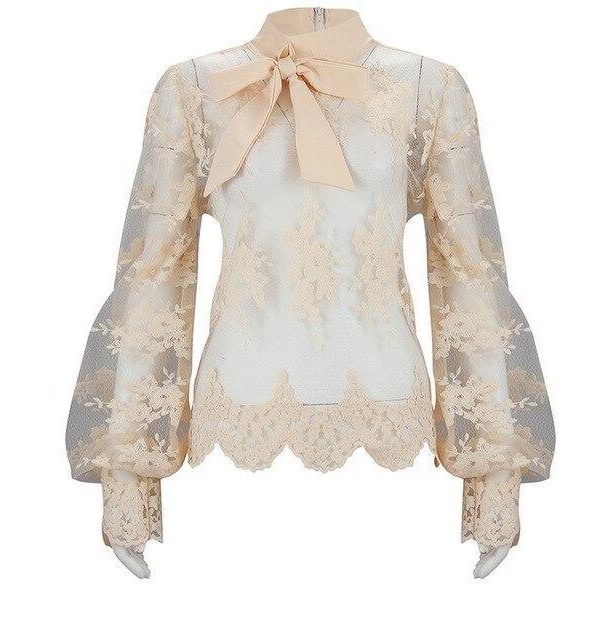 Sexy Tops and Shirt Long Sleeve Women Shirt  Lace Mesh See Through Bow Bandage Puff Sleeve Women Blouse Club Wear - Takalr