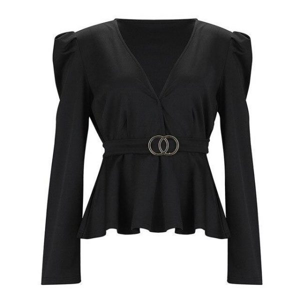 Sexy Tops and Shirt Women Long Sleeve Office Wear Fashion Sexy Low Cut Solid Color Ruffled Long Sleeve Women Blouse - Takalr