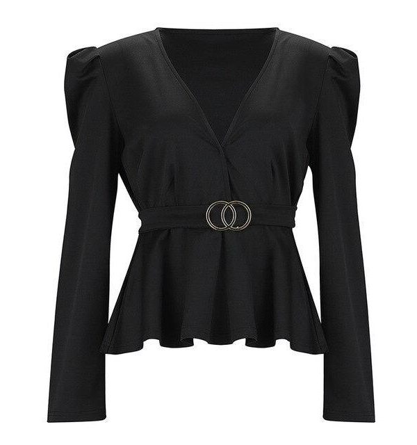 Sexy Tops and Shirt Women Long Sleeve Office Wear Fashion Sexy Low Cut Solid Color Ruffled Long Sleeve Women Blouse - Takalr