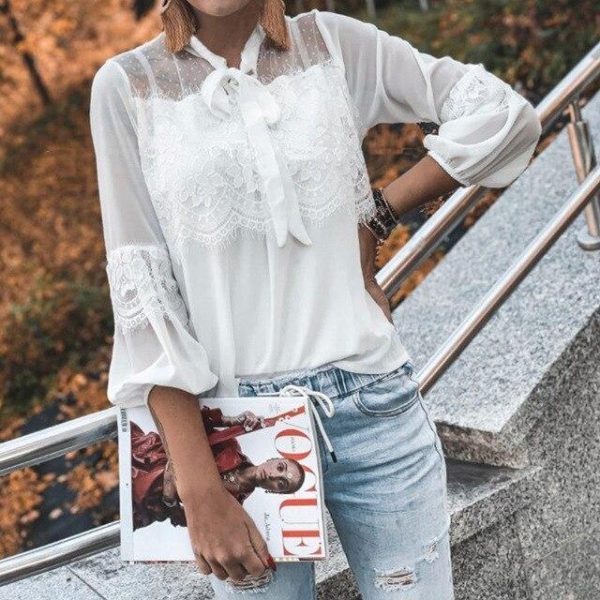 Sexy Tops and Shirt Women Officewear Fashion Casual Mesh See Through Bow Bandage Lace Patchwork Long Sleeve Women Blouse - Takalr