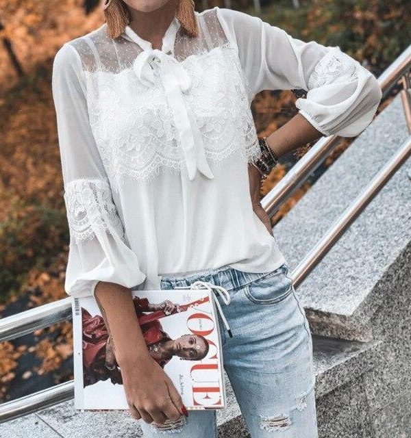 Sexy Tops and Shirt Women Officewear Fashion Casual Mesh See Through Bow Bandage Lace Patchwork Long Sleeve Women Blouse - Takalr