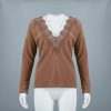 Sexy Tops and Shirt Women Tshirt Fashion Solid Color Round Neck Deep V Back Lace Patchwork Long Sleeve Women Blouse - Takalr