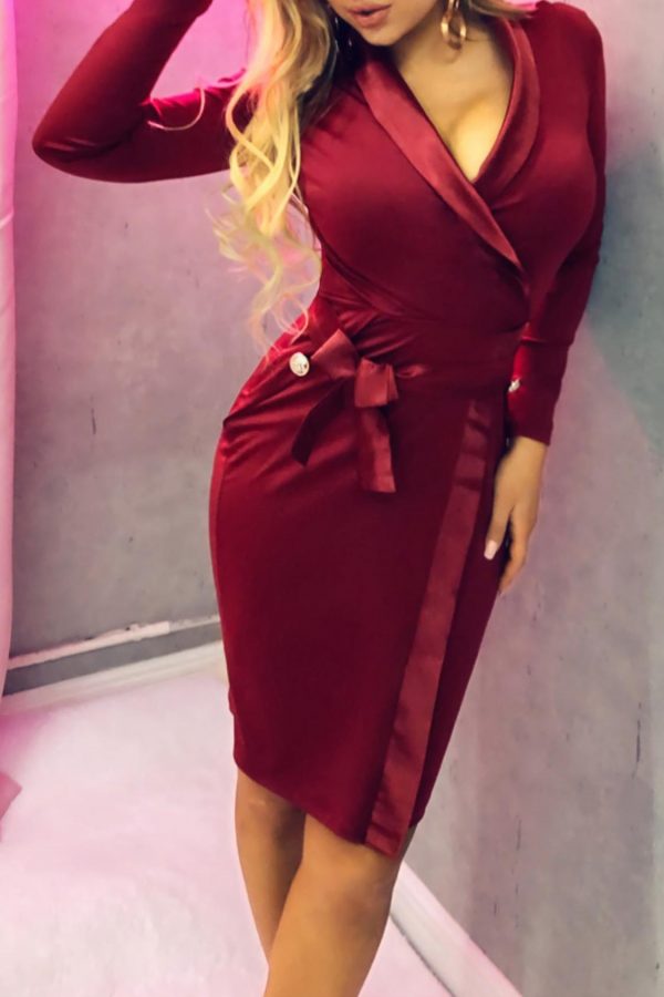 V Neck Bodycon Party Dress Women Solid Wine Red Long Sleeve Short Winter Dress - Takalr