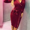 V Neck Bodycon Party Dress Women Solid Wine Red Long Sleeve Short Winter Dress - Takalr