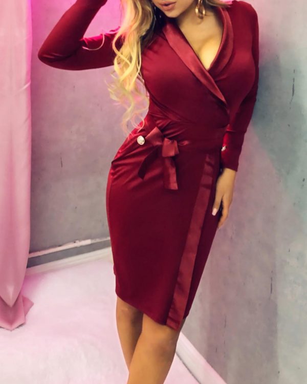 V Neck Bodycon Party Dress Women Solid Wine Red Long Sleeve Short Winter Dress - Takalr