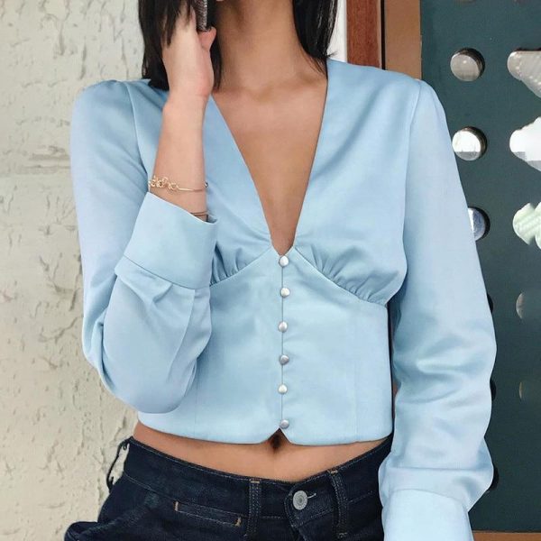 V Neck Long Sleeve T Shirt Women Single Brested Solid Satin Tops Navel Exposed Crop Tops Spring Fashion Streetwear Blusa - Takalr