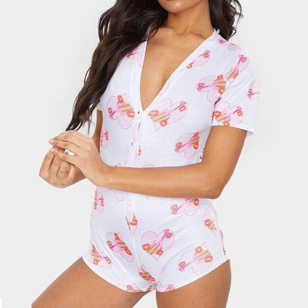 Sexy V Neck Printed Short Sleeve Skinny Rompers Womens Short Jumpsuit Summer Overalls Sexy Playsuit Women Sleep Wear - Takalr