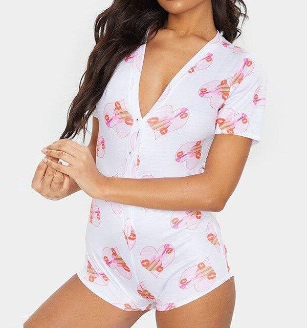 Sexy V Neck Printed Short Sleeve Skinny Rompers Womens Short Jumpsuit Summer Overalls Sexy Playsuit Women Sleep Wear - Takalr