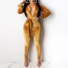 V Neck Sashes Jumpsuit for Women Solid Long Sleeve Back Cut Out Slinky Rompers Womens Jumpsuit Club Outfits - Takalr