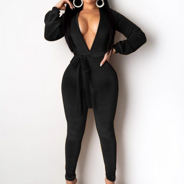 V Neck Sashes Jumpsuit for Women Solid Long Sleeve Back Cut Out Slinky Rompers Womens Jumpsuit Club Outfits - Takalr